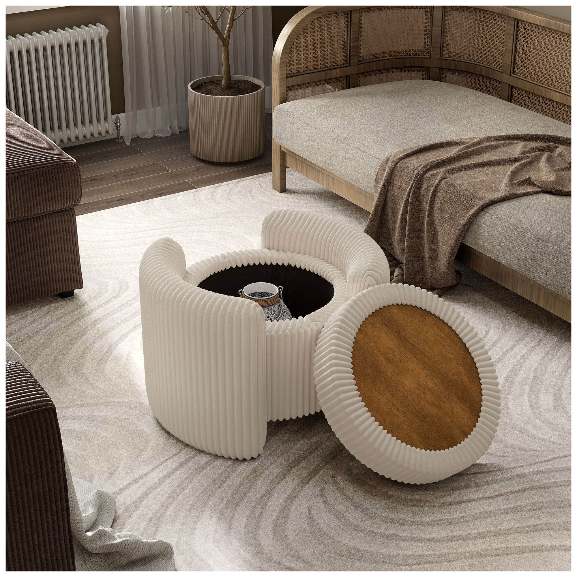 Image 5 Fata Beige Pink Chenille Corduroy  Round Storage Ottoman With Tray Top more views