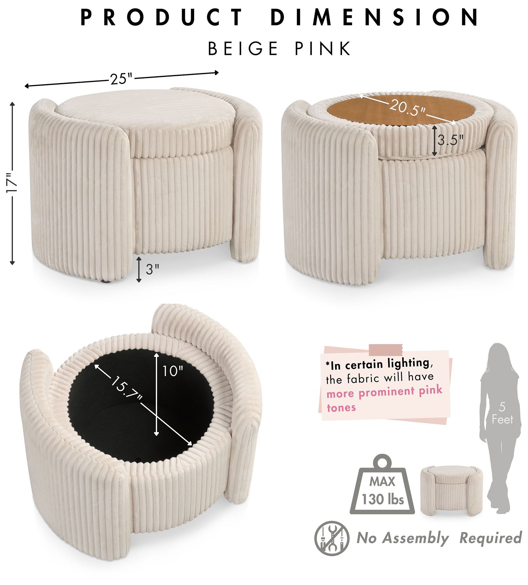 Fata Beige Pink Chenille Corduroy  Round Storage Ottoman With Tray Top