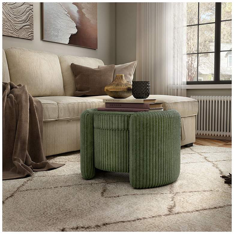 Image 2 Fata Green Chenille Corduroy Round Storage Ottoman With Tray Top more views