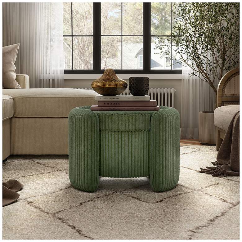 Image 3 Fata Green Chenille Corduroy Round Storage Ottoman With Tray Top more views