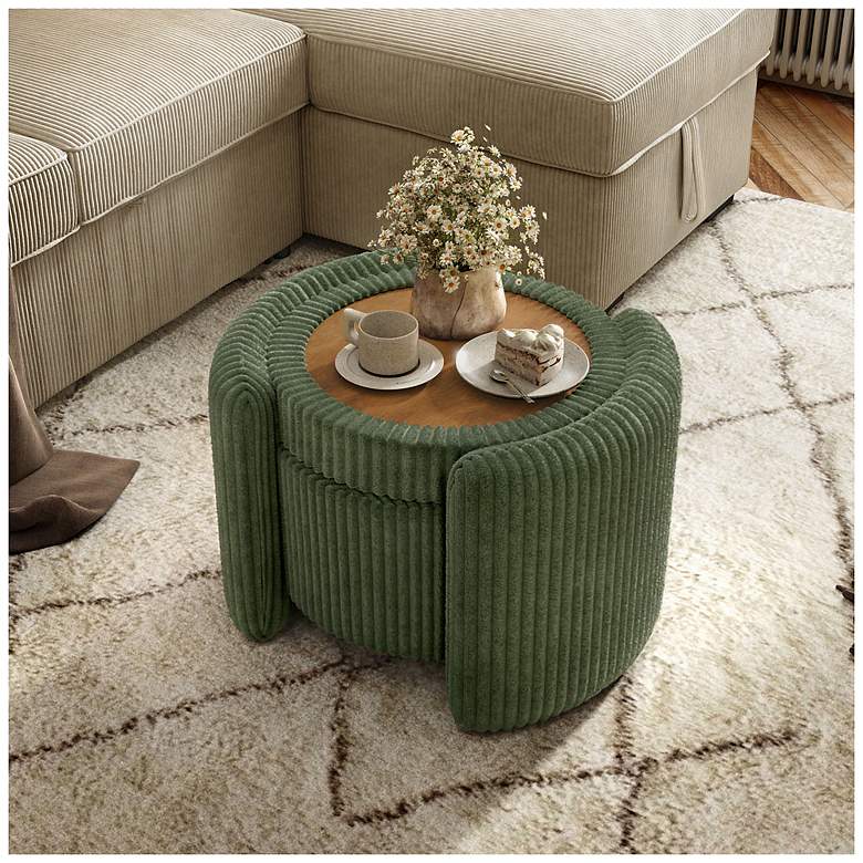 Image 4 Fata Green Chenille Corduroy Round Storage Ottoman With Tray Top more views