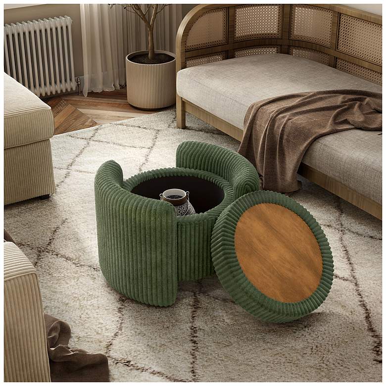 Image 5 Fata Green Chenille Corduroy Round Storage Ottoman With Tray Top more views