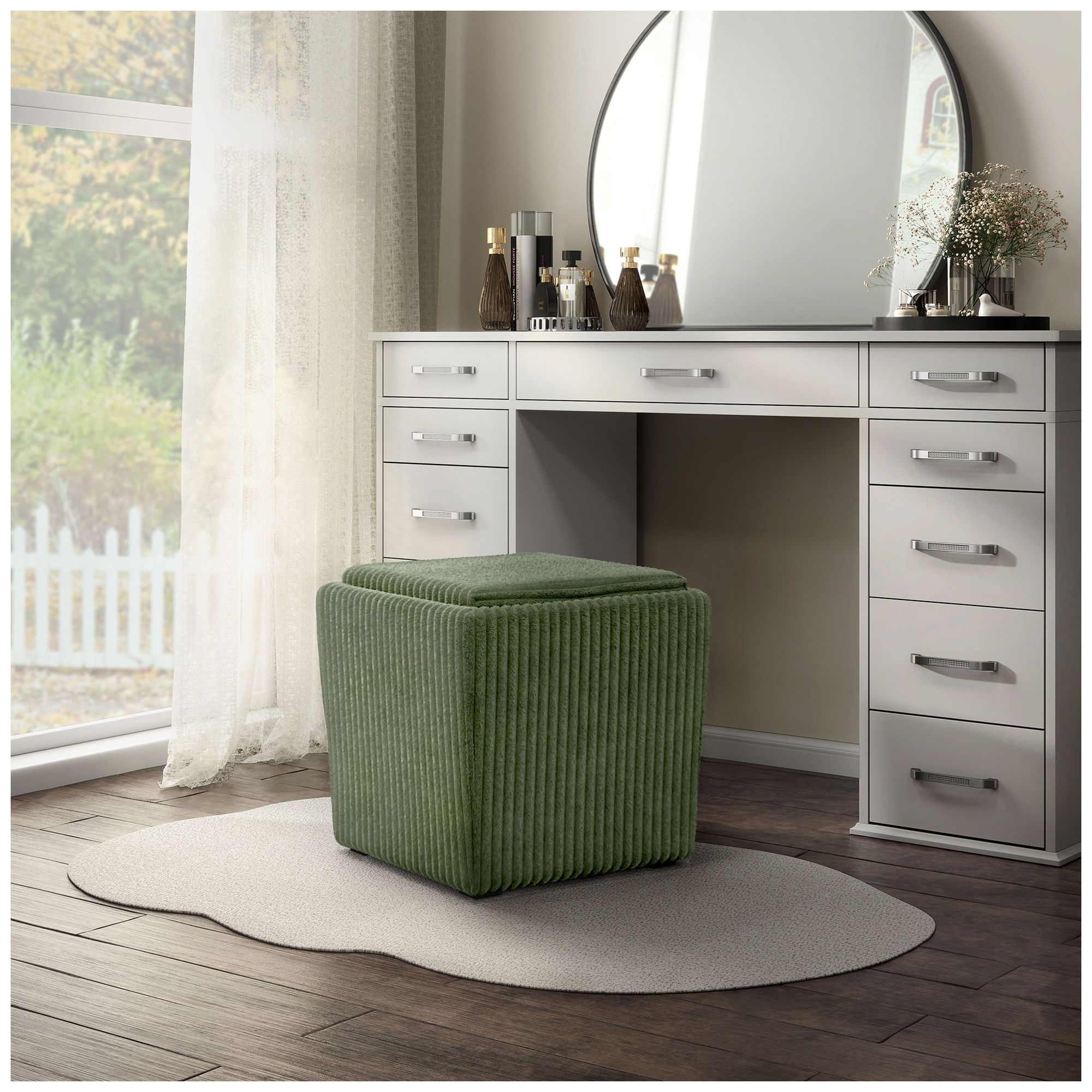 Image 2 Fata Green Chenille Corduroy  Square Storage Ottoman With Tray Top more views