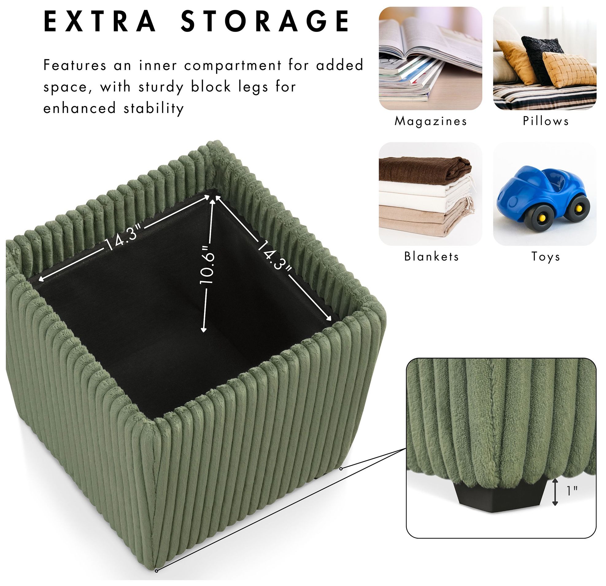 Fata Green Chenille Corduroy  Square Storage Ottoman With Tray Top