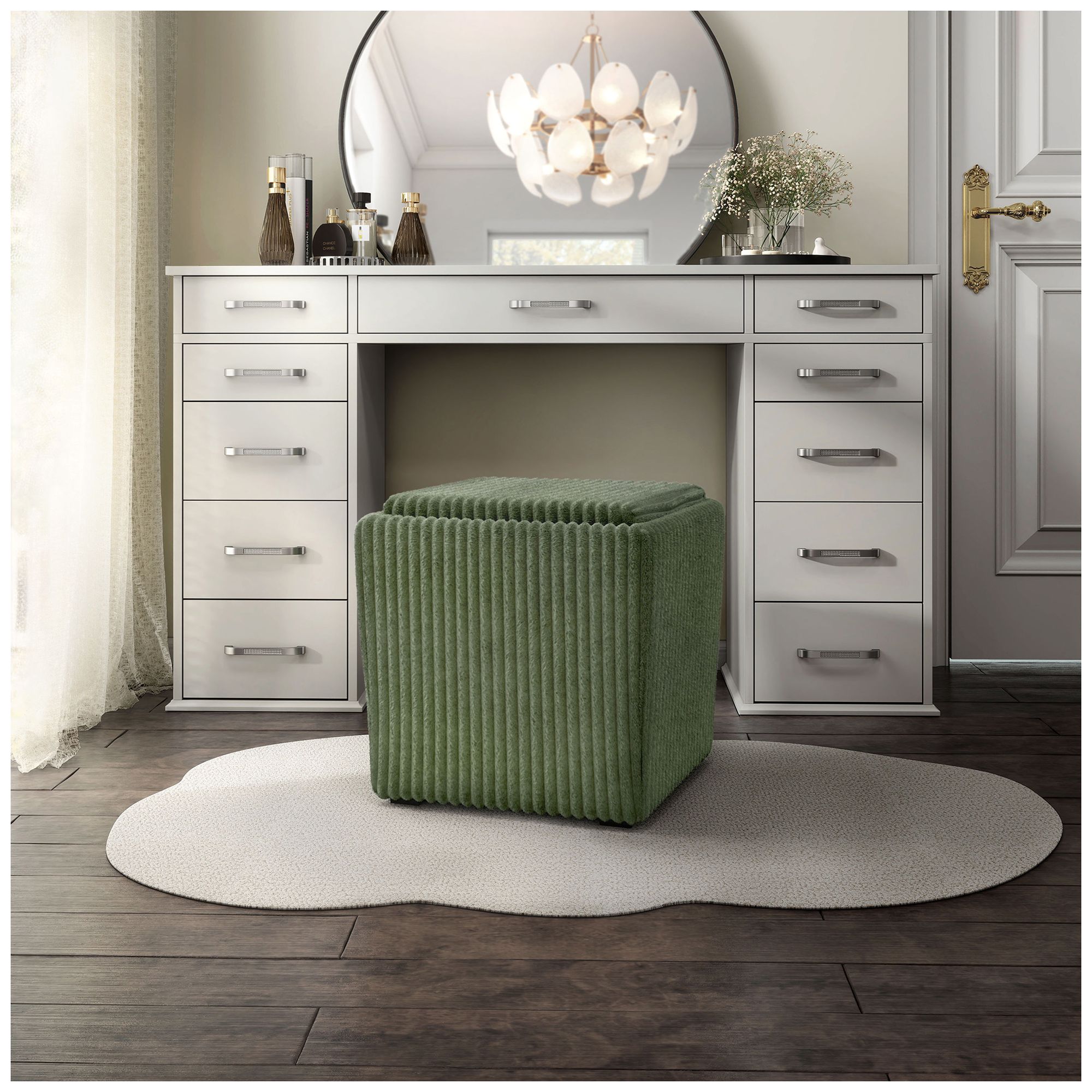 Image 3 Fata Green Chenille Corduroy  Square Storage Ottoman With Tray Top more views