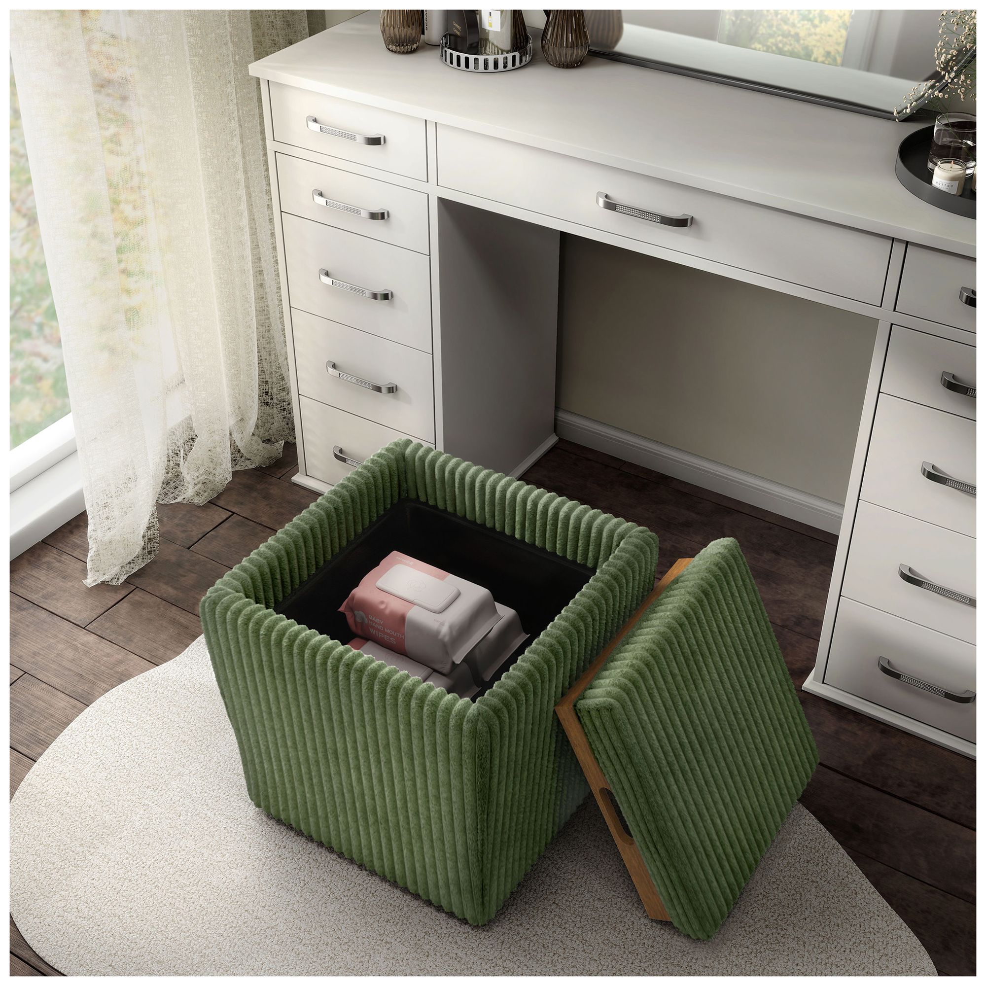 Image 4 Fata Green Chenille Corduroy  Square Storage Ottoman With Tray Top more views