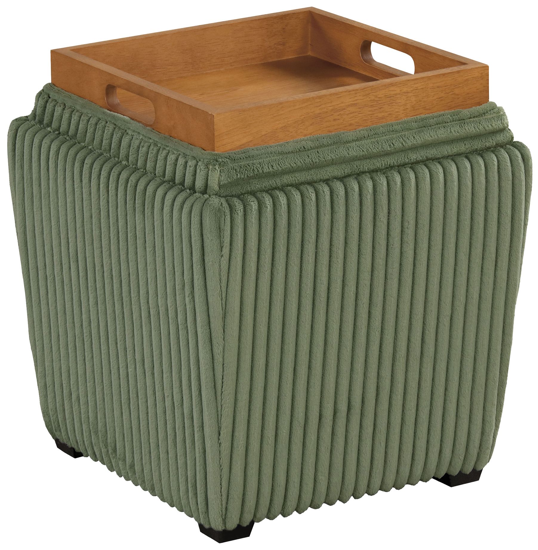Image 7 Fata Green Chenille Corduroy  Square Storage Ottoman With Tray Top more views