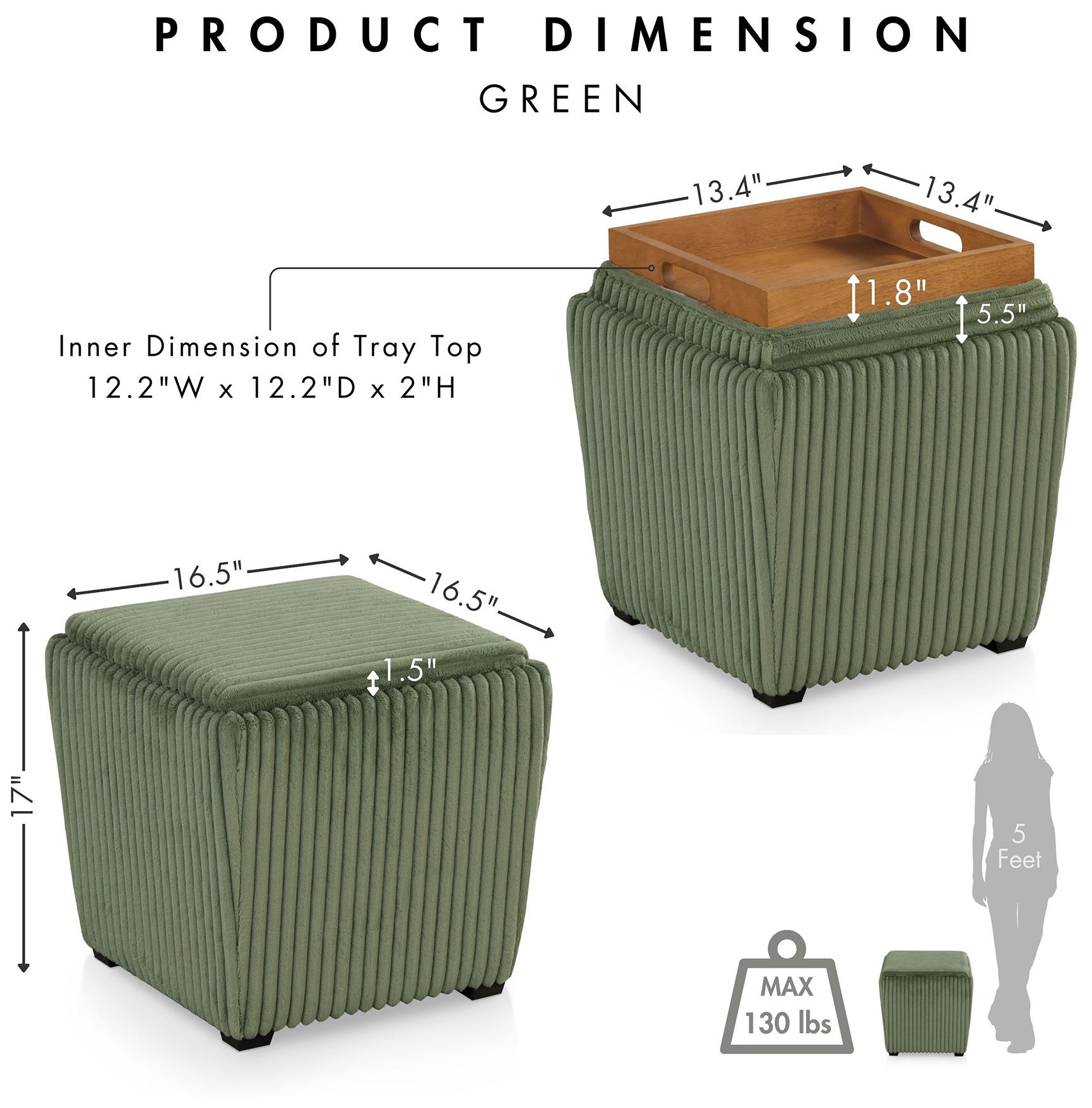 Fata Green Chenille Corduroy  Square Storage Ottoman With Tray Top