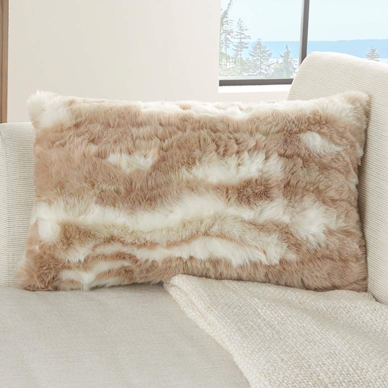 Image 1 Faux Fur Beige Angora Rabbit 24 inch x 14 inch Throw Pillow