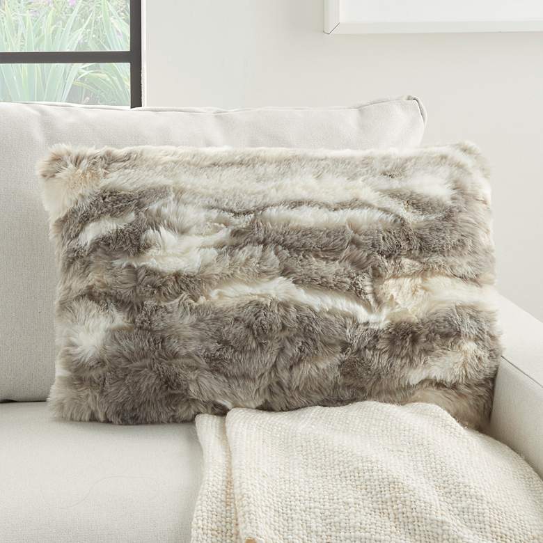 Image 1 Faux Fur Gray Angora Rabbit 24" x 14" Throw Pillow