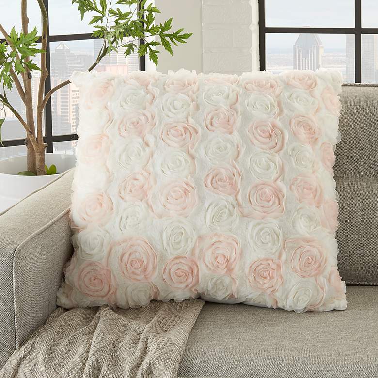 Image 1 Faux Fur Ivory Blush Chiffon Roses 24 inch Square Throw Pillow