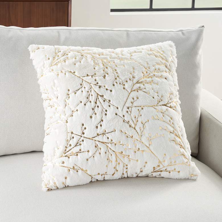 Image 1 Faux Fur Ivory Gold Metallic Branches 20 inch Square Pillow