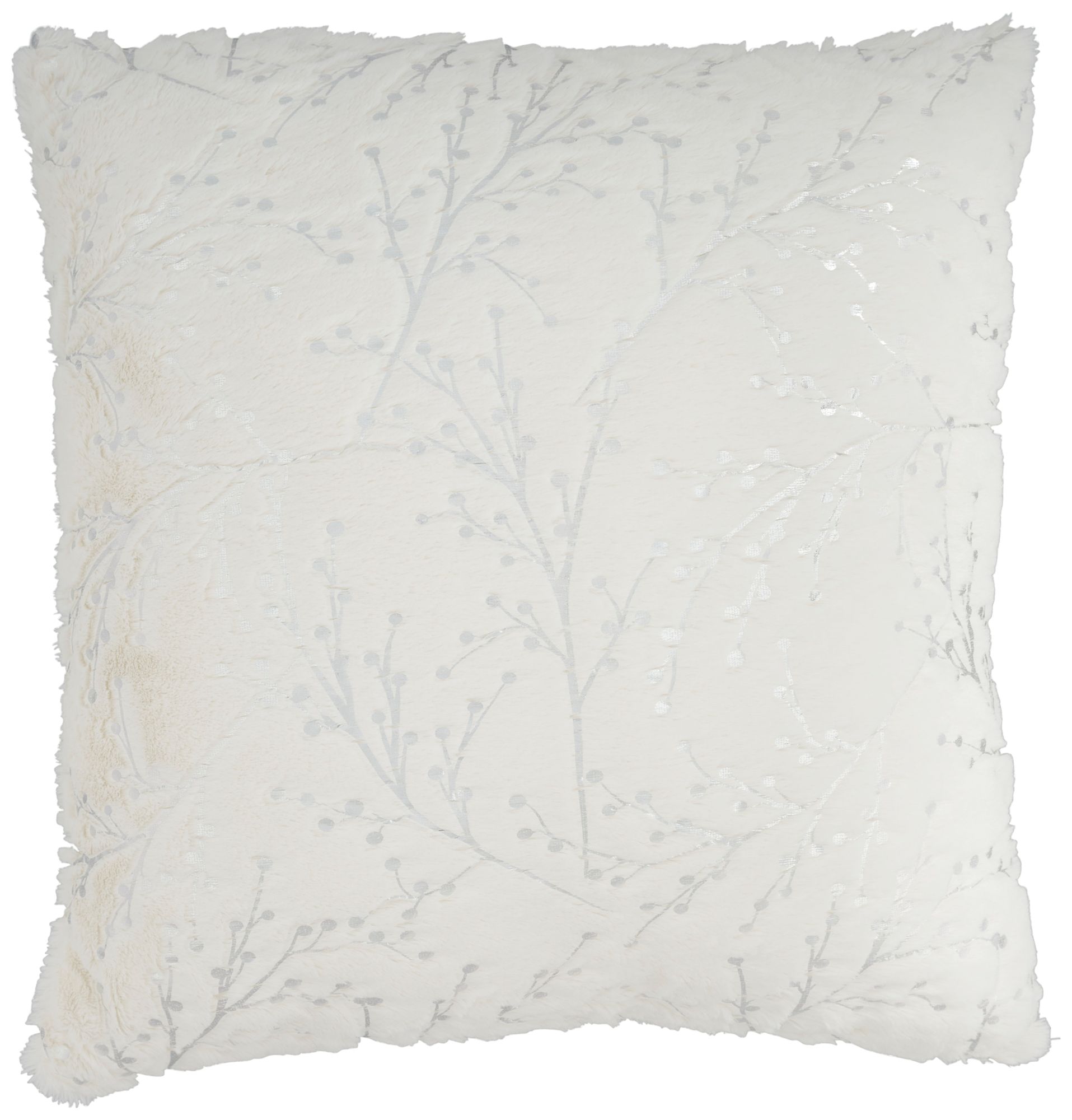 Faux Fur Ivory Silver Metallic Branches 20" Square Pillow