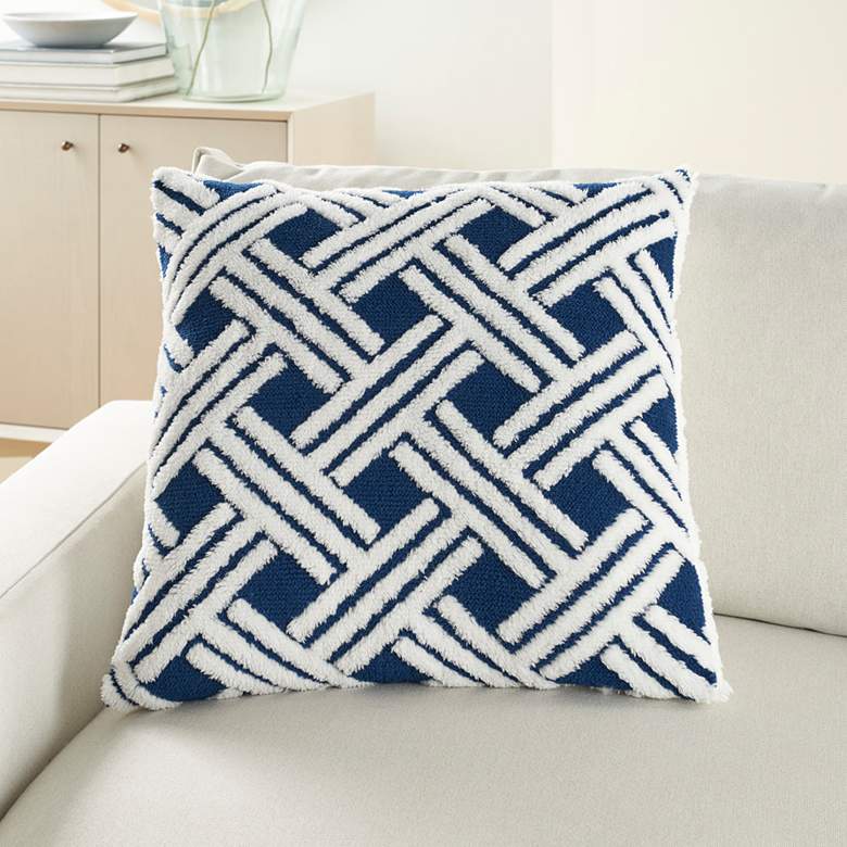 Image 1 Faux Fur Navy Jacquard Basketweave 20" Square Throw Pillow