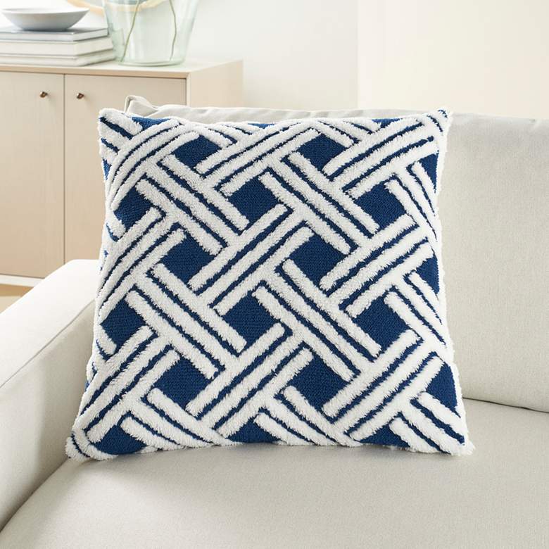 Image 1 Faux Fur Navy Jacquard Basketweave 20 inch Square Throw Pillow