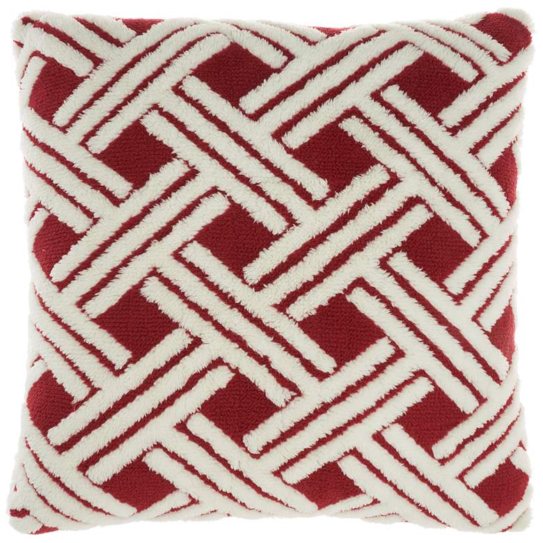 Image 2 Faux Fur Red Jacquard Basketweave 20 inch Square Throw Pillow