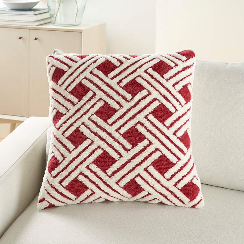Image 1 Faux Fur Red Jacquard Basketweave 20" Square Throw Pillow