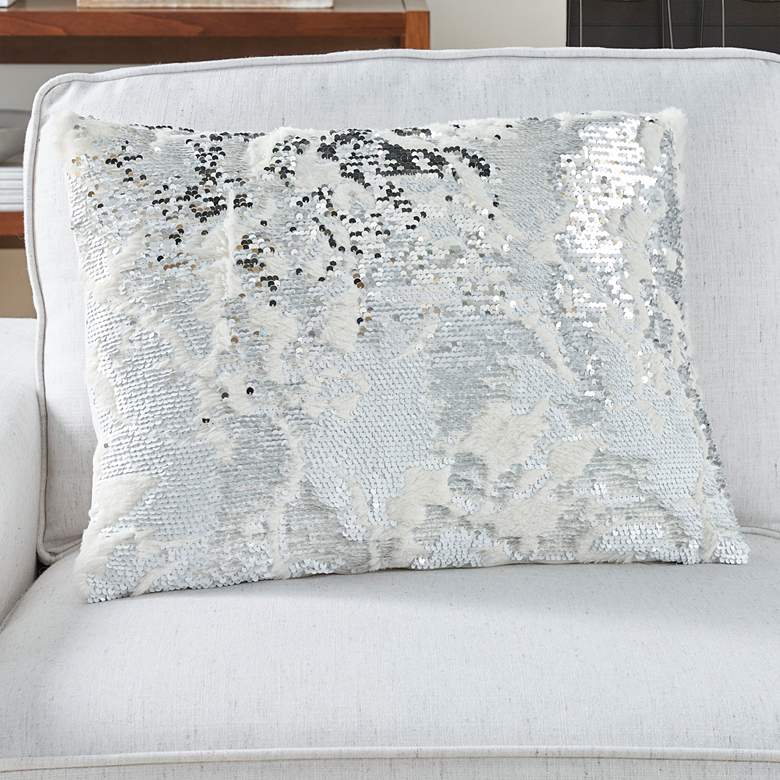 Image 1 Faux Fur White Silver Sequins 20 inch x 14 inch Throw Pillow