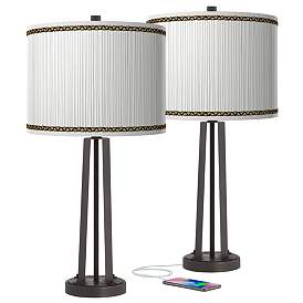 Image1 of Faux Pleated Giclee Print Modern Bronze USB Table Lamps Set of 2