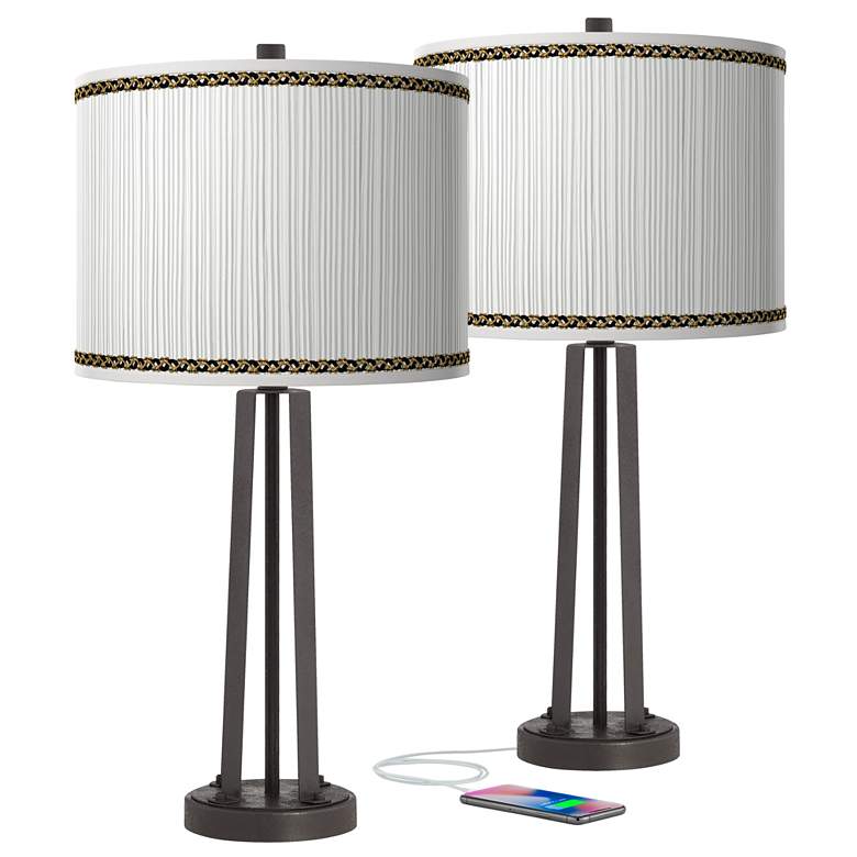 Image 1 Faux Pleated Giclee Print Modern Bronze USB Table Lamps Set of 2