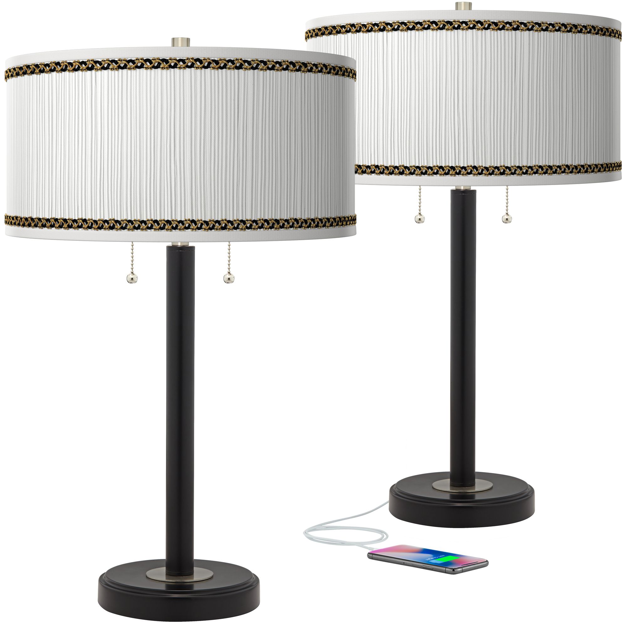 Image Faux Pleated Giclee Print Shades with Bronze USB Lamps Set of 2