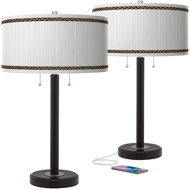 Image 1 Faux Pleated Giclee Print Shades with Bronze USB Lamps Set of 2