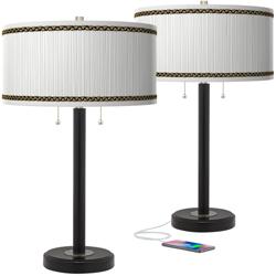 Faux Pleated Giclee Print Shades with Bronze USB Lamps Set of 2
