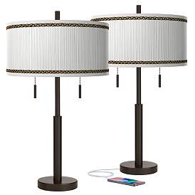 Image1 of Faux Pleated Giclee Print Shades with Bronze USB Table Lamps Set of 2