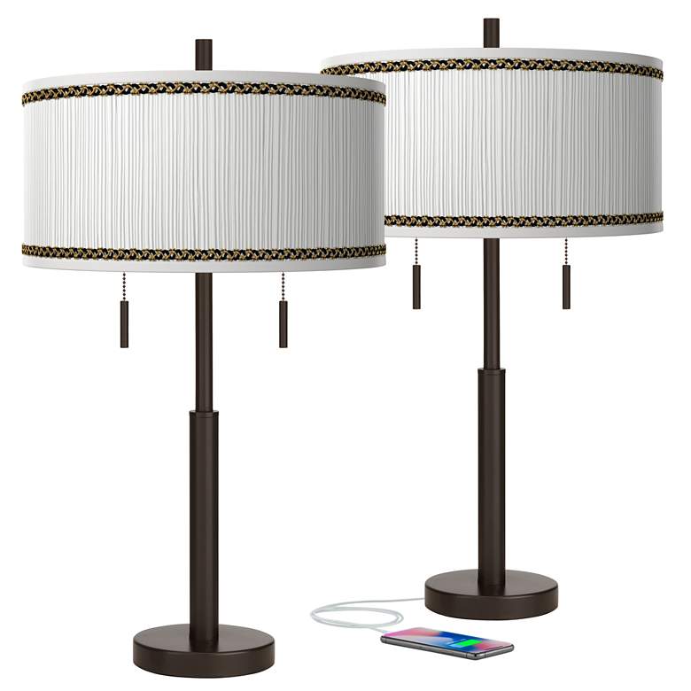 Image 1 Faux Pleated Giclee Print Shades with Bronze USB Table Lamps Set of 2