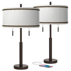Faux Pleated Giclee Print Shades with Bronze USB Table Lamps Set of 2