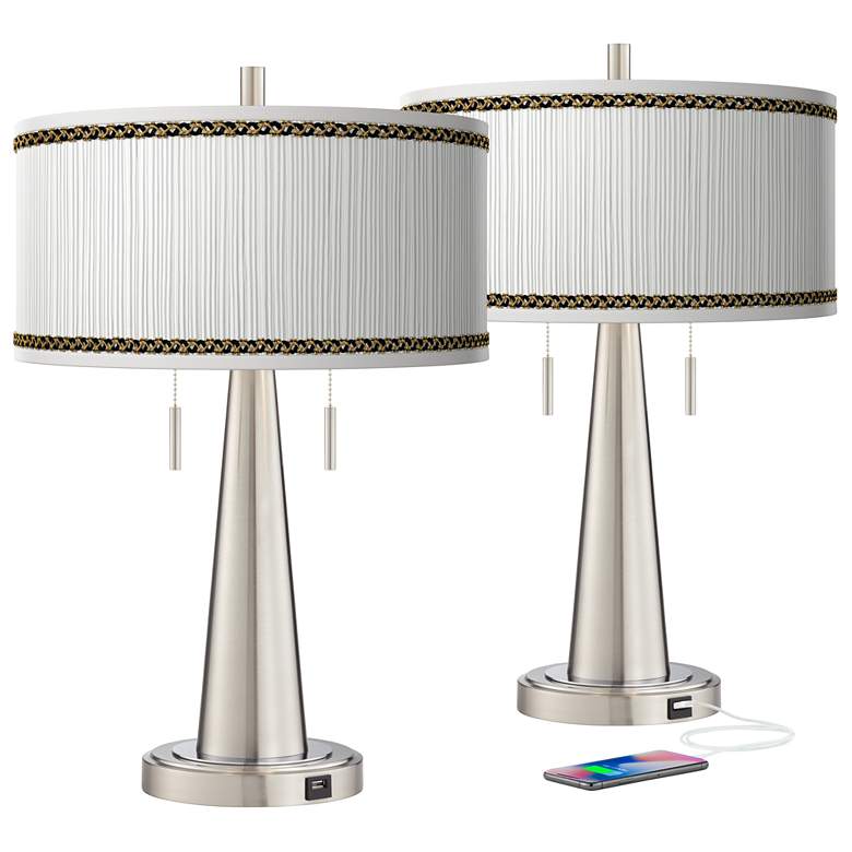 Image 2 Faux Pleated Giclee Print Shades with Modern USB Table Lamps Set of 2