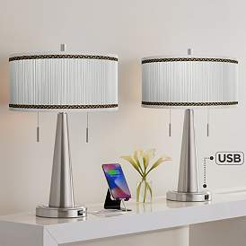 Image1 of Faux Pleated Giclee Print Shades with Modern USB Table Lamps Set of 2