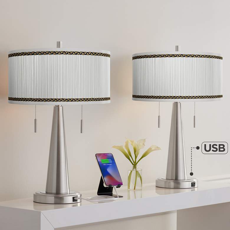 Image 1 Faux Pleated Giclee Print Shades with Modern USB Table Lamps Set of 2