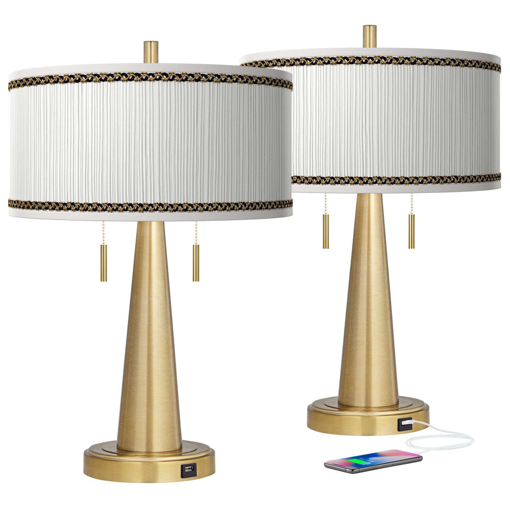 Faux Pleated Giclee Print Vicki Gold USB Table Lamps Set of 2