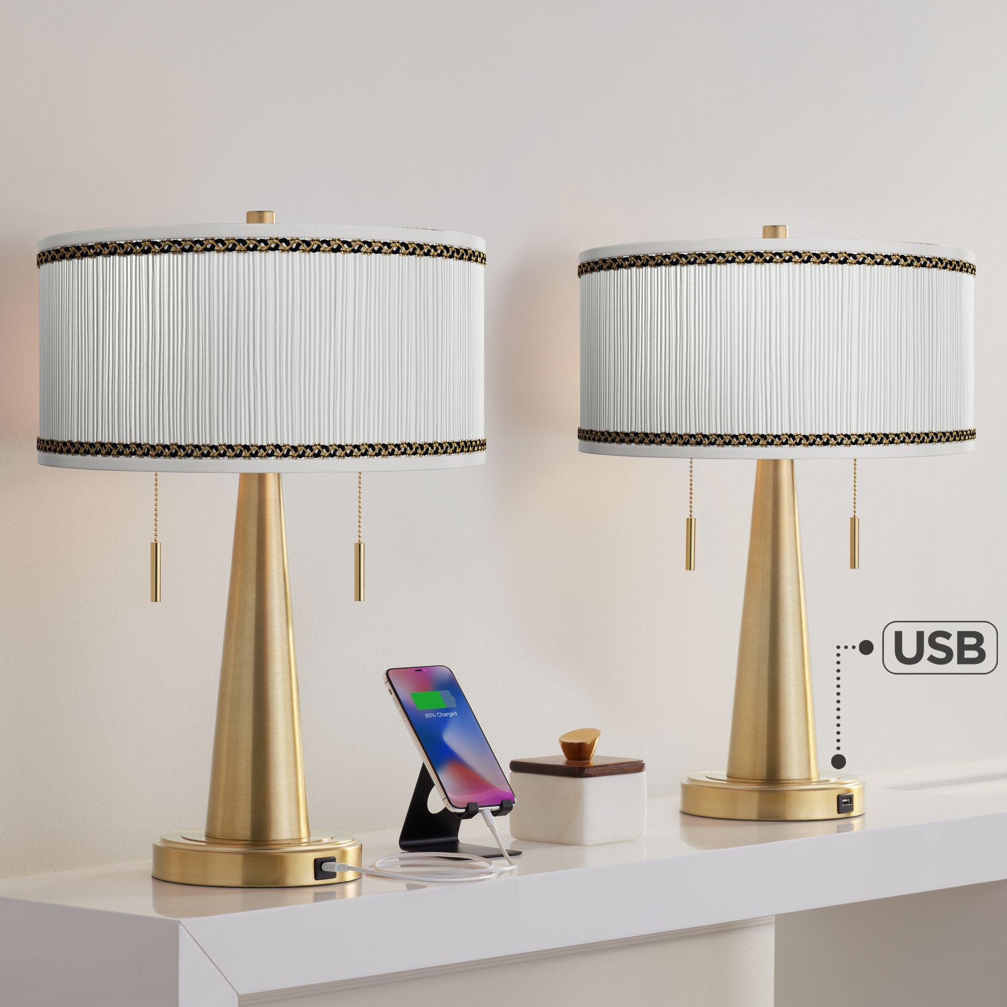 Image Faux Pleated Giclee Print Vicki Gold USB Table Lamps Set of 2