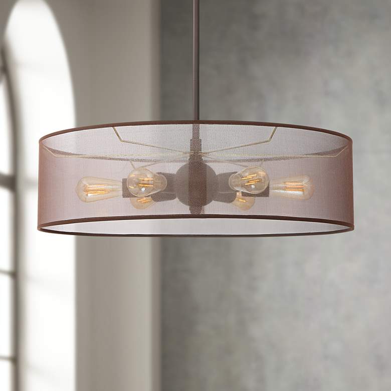 Image 1 Favreau 27" Wide Oiled Bronze 6-Light LED Drum Shade Pendant
