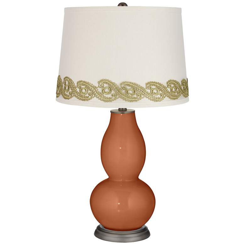 Image 1 Fawn Brown Double Gourd Table Lamp with Vine Lace Trim