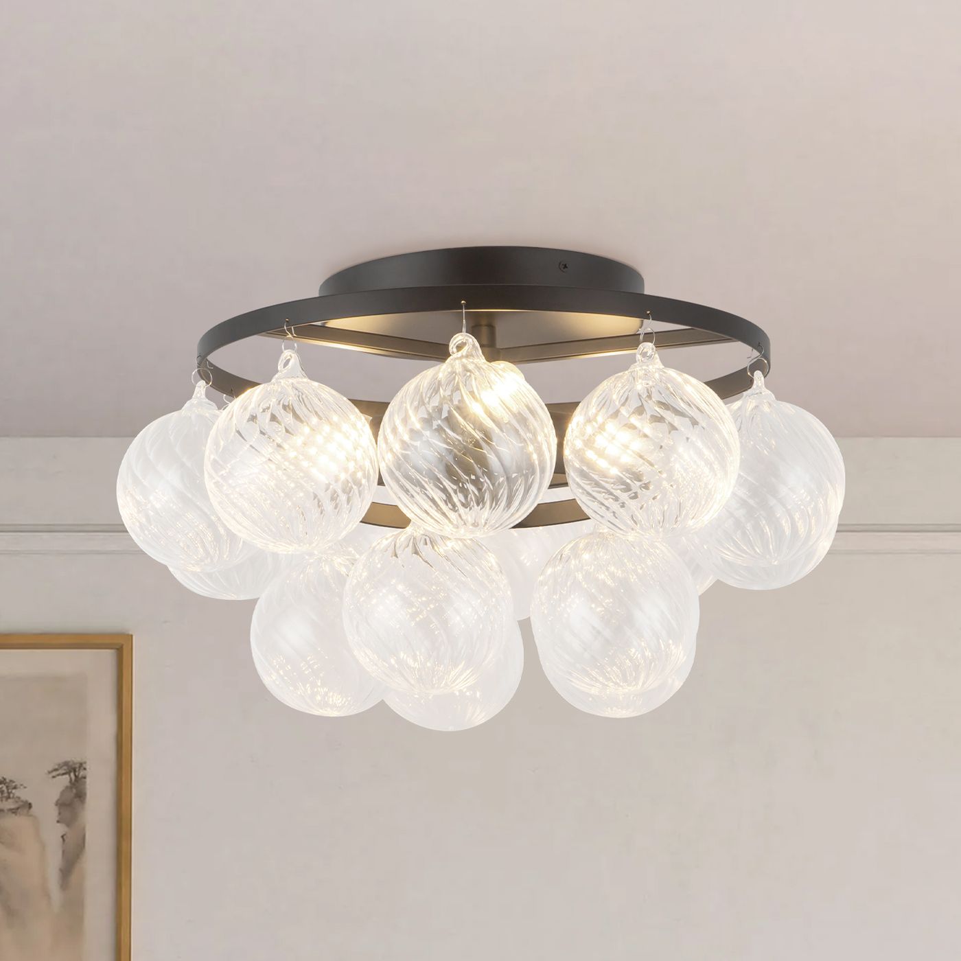 Faye 18-in Matte Black Semi-Flush Mount with Clear Ribbed Glass