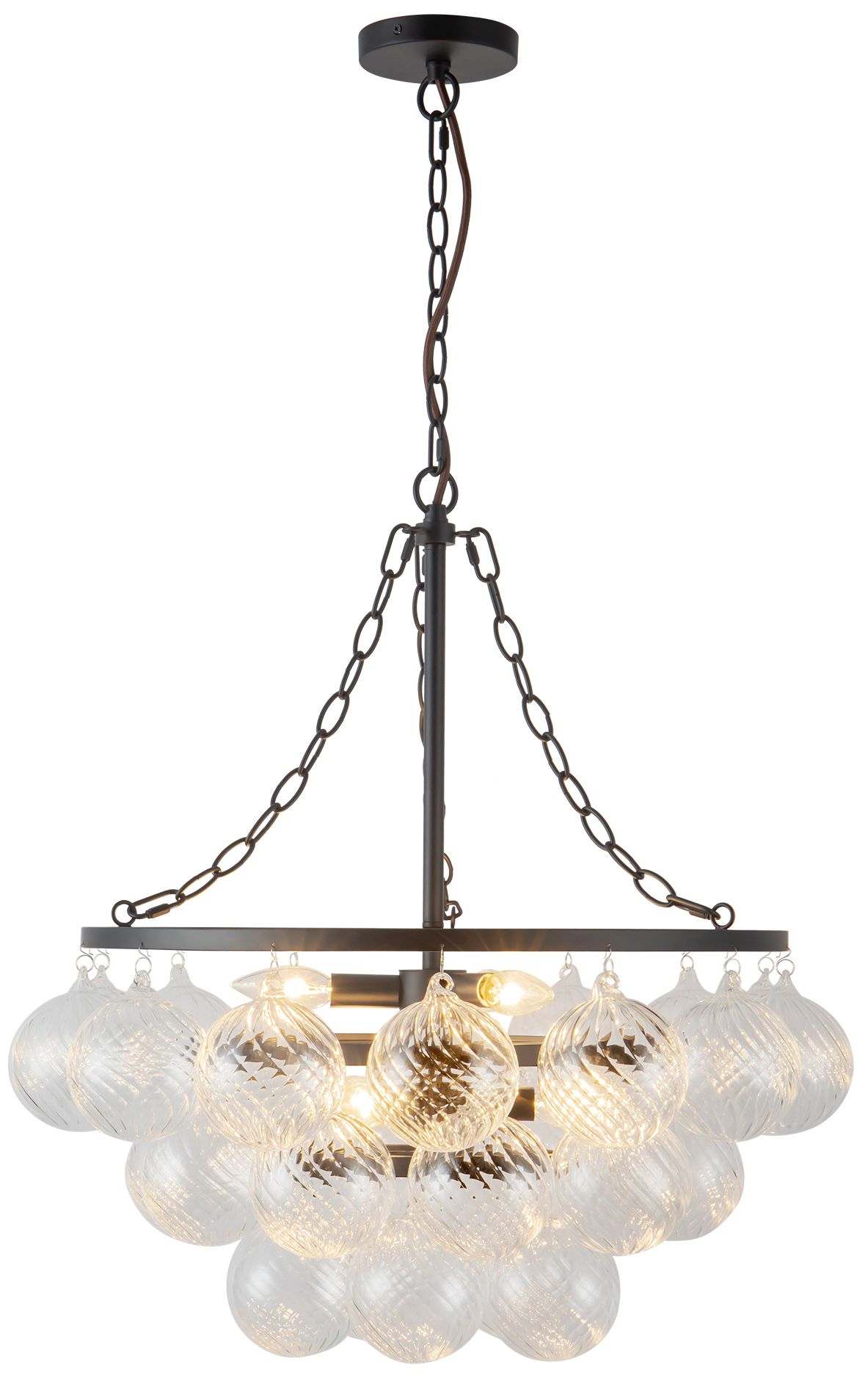 Faye 24-in Matte Black Chandelier with Clear Ribbed Glass