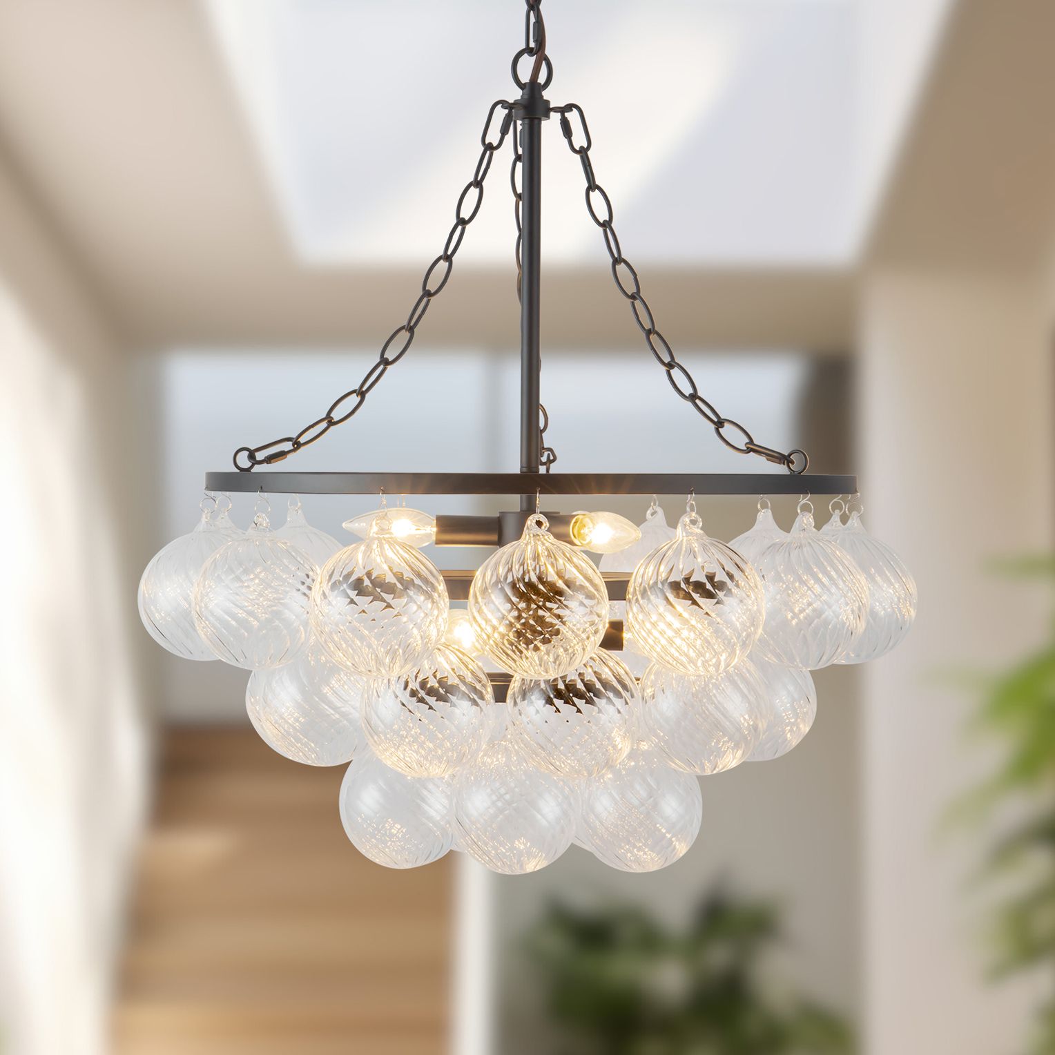 Faye 24-in Matte Black Chandelier with Clear Ribbed Glass