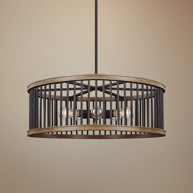 Image 1 Feiss Locke 30 inchW Weathered Rusted Iron and Oak Pendant Light