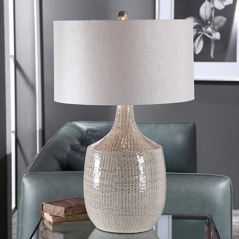 Image 1 Felipe Distressed Light Gray Glaze Ceramic Vase Table Lamp