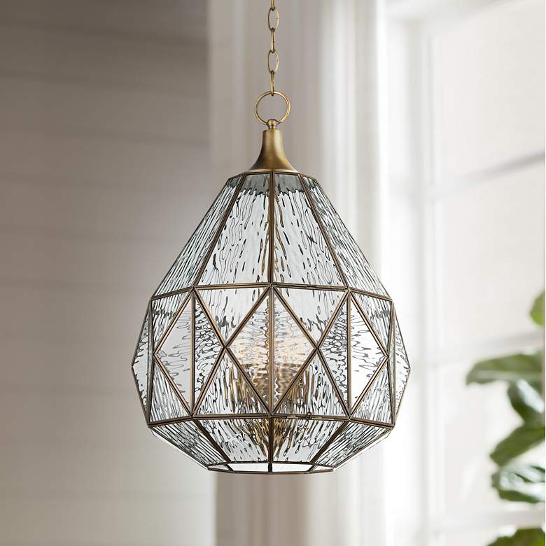 Image 1 Fenmore 15 3/4"W Antique Brass Geometric Glass Pendant Light