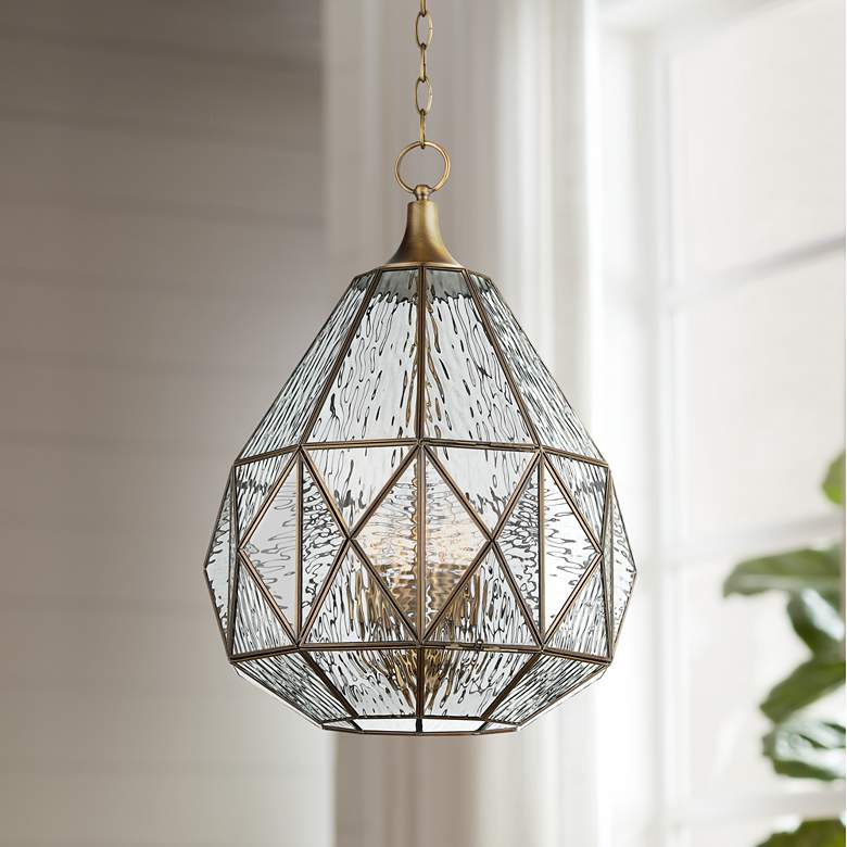 Image 1 Fenmore 15 3/4 inchW Antique Brass Geometric Glass Pendant Light