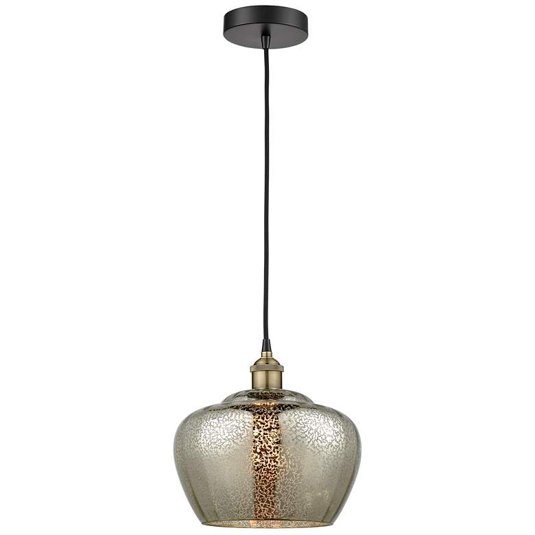 Image 1 Fenton 11"W Black and Antique Brass Cord Hung Mini Pendant