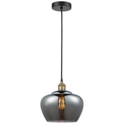 Fenton 11"W Black Antique Brass Mini Pendant w/ Smoke Glass