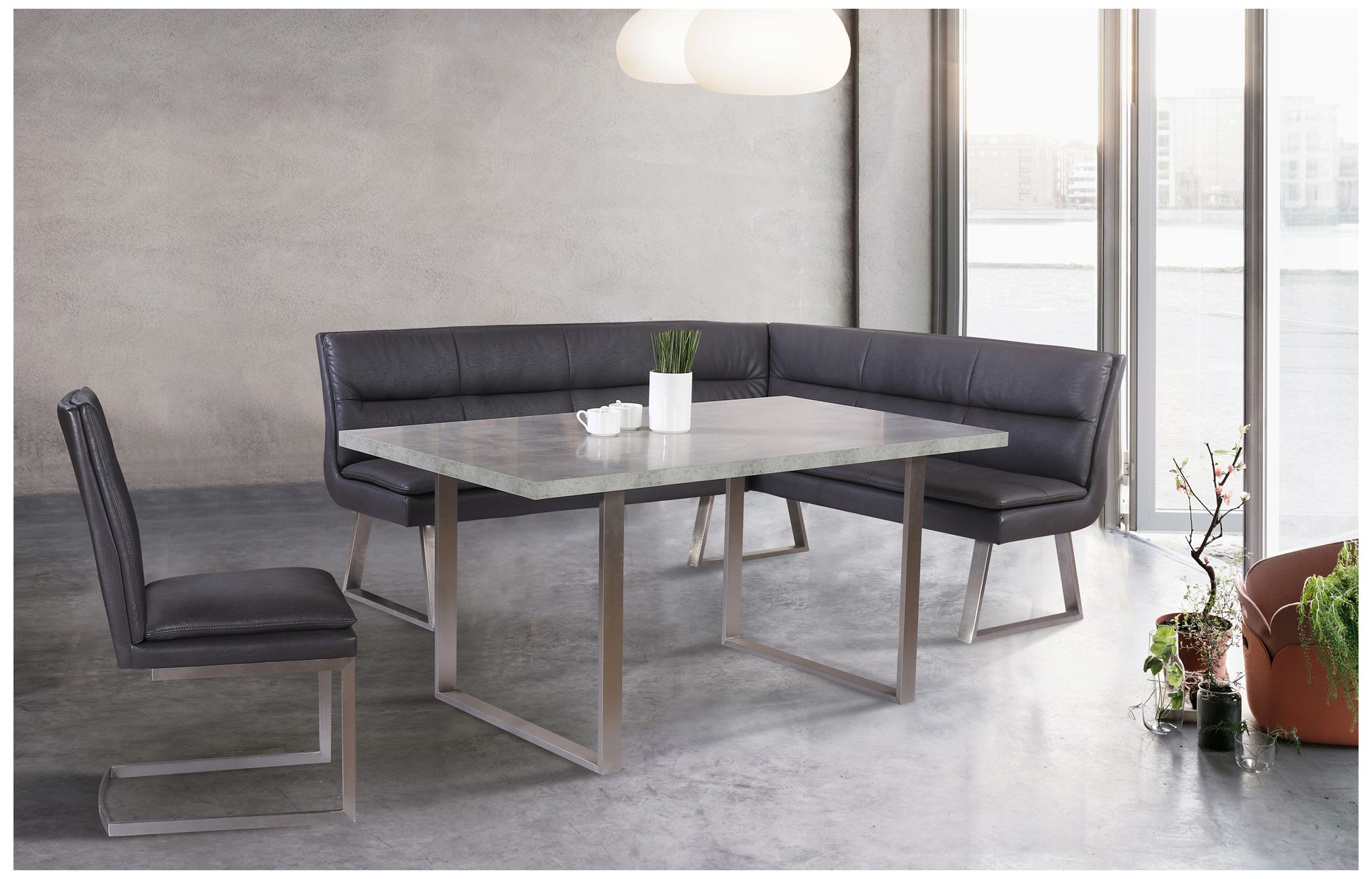 Fenton 63 in. Dining Table in Cement Gray Laminate Top and Stainless Steel