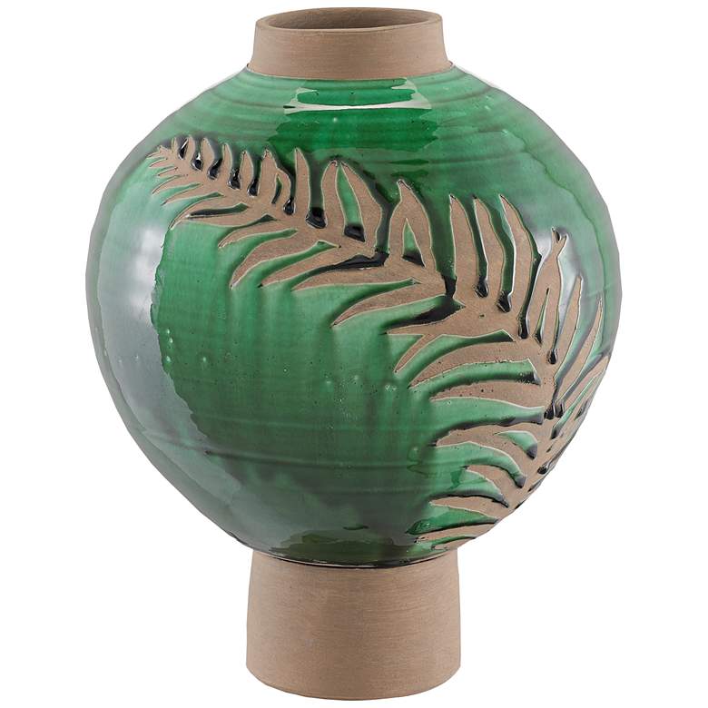 Image 1 Fern Emerald Green and Tan 14 3/4 inch High Terracotta Vase