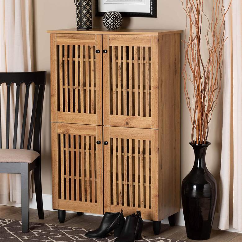 Image 1 Fernanda 30" Wide Oak Brown Wood 4-Door Shoe Storage Cabinet