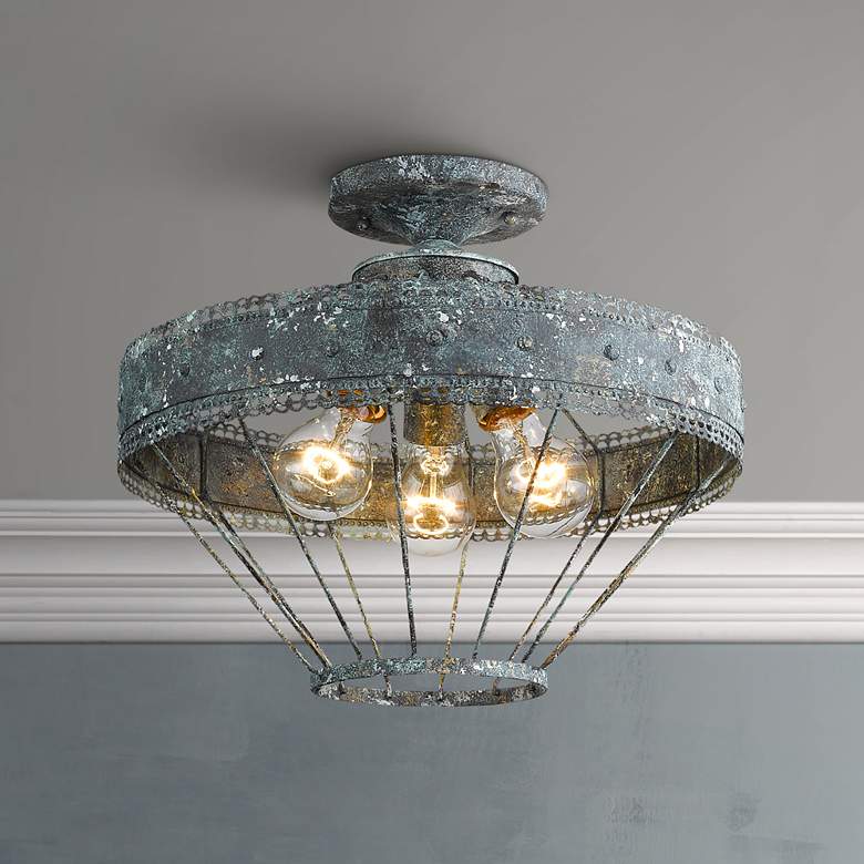 Image 1 Ferris 15" Wide Blue Verde Patina 3-Light Ceiling Light